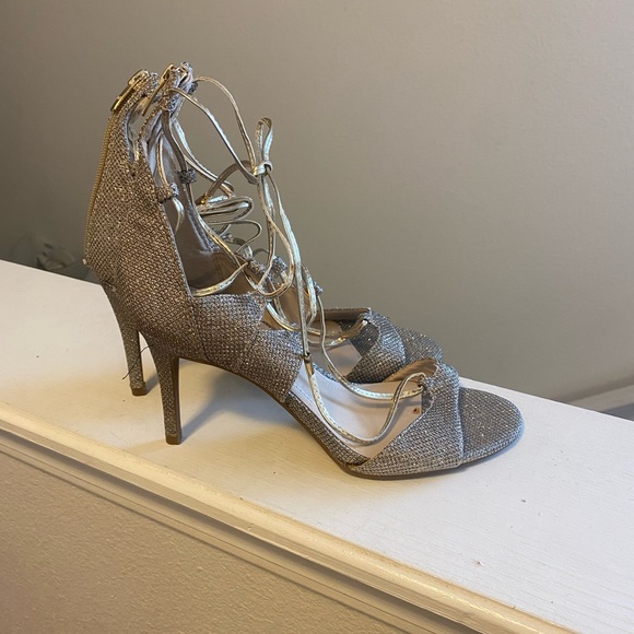 Marc Fisher Shoes - Marc Fisher Silver Glitter Lace Up Heels Ankle Strap Sandals Stilettos 9 NEW